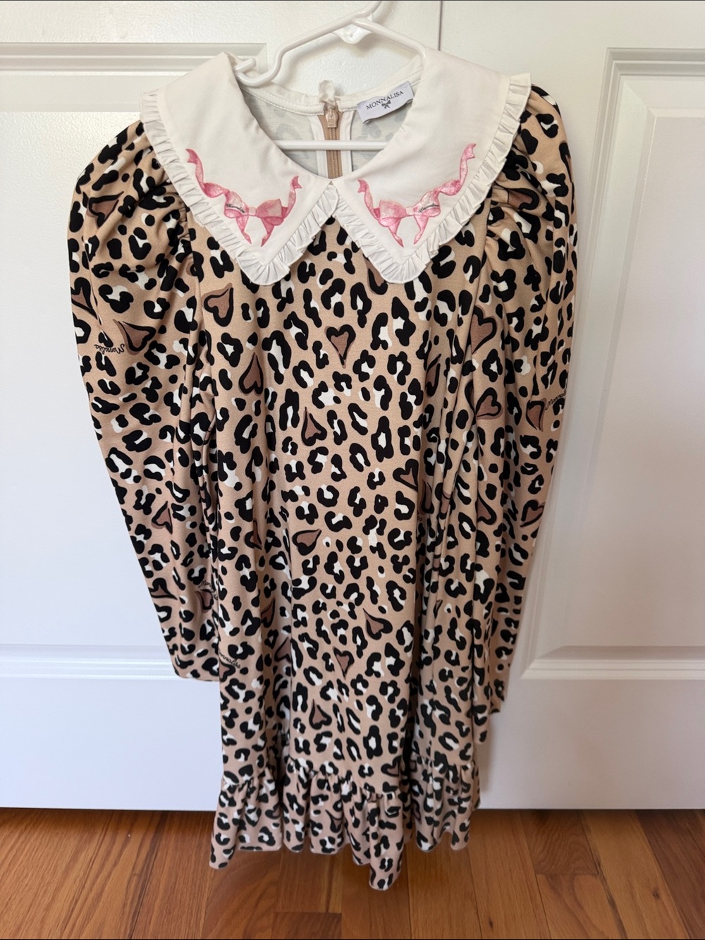 Monnalisa Leopard Print Dress with Embroidered Peter Pan Collar